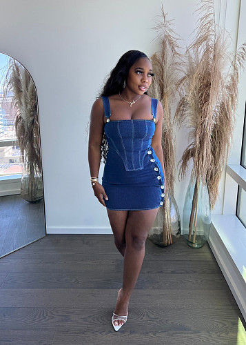 Irregular Denim Crop Top Bodycon Skirt Two Piece Sets BS-1314
