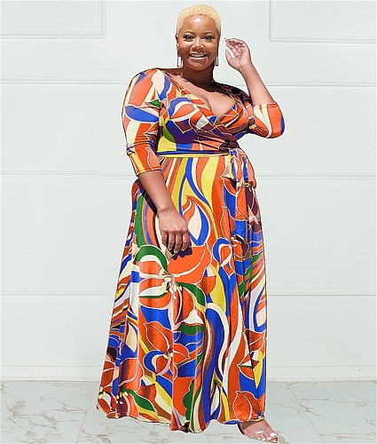 5XL Floral Print Lace Up Plus Size Maxi Dresses OSS-22361