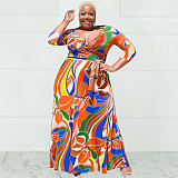 5XL Floral Print Lace Up Plus Size Maxi Dresses OSS-22361