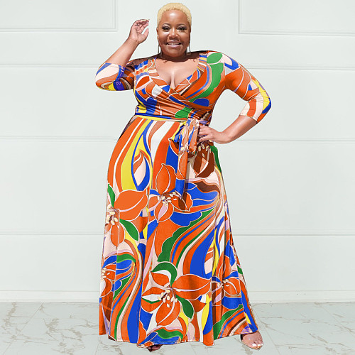 5XL Floral Print Lace Up Plus Size Maxi Dresses OSS-22361