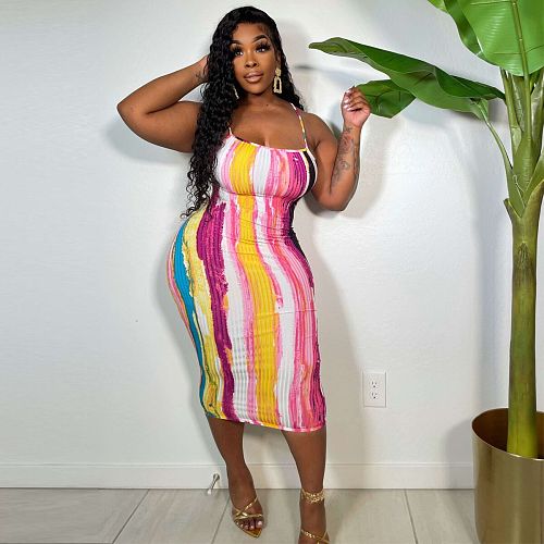 Tie Dye Striped Print Strap Backless Bodycon Dress YNS-1835