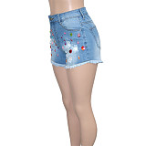 Hot Sale Color Diamond Ripped Tassel Denim Shots SH-390317