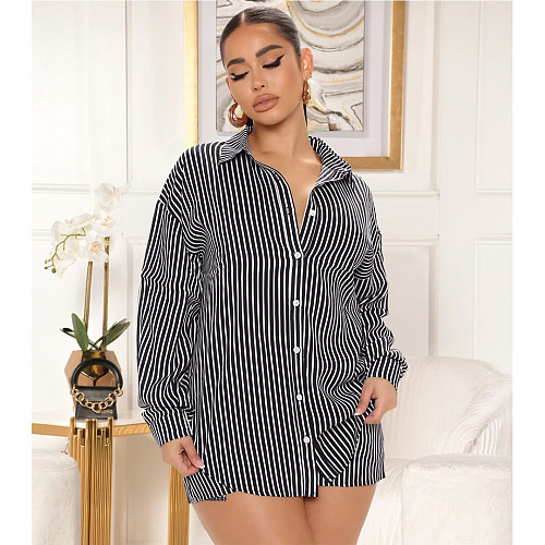 Turn Down Striped Print Shirt Top Shorts 2 Piece Set ASL-6587