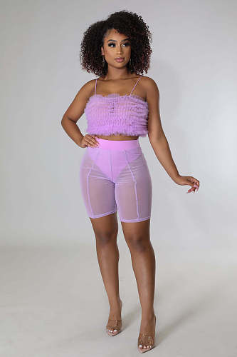 Puffy Cascading Ruffles Mesh Two Piece Shorts Set LA-3320
