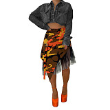 High Waist Camouflage Patchwork Irregular Mesh Skirts ASL-6582