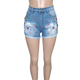 Hot Sale Color Diamond Ripped Tassel Denim Shots SH-390317