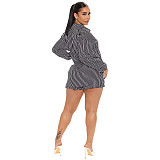 Turn Down Striped Print Shirt Top Shorts 2 Piece Set ASL-6587