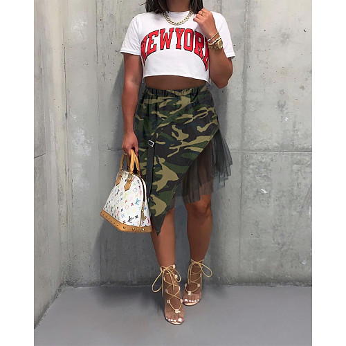 High Waist Camouflage Patchwork Irregular Mesh Skirts ASL-6582