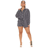 Turn Down Striped Print Shirt Top Shorts 2 Piece Set ASL-6587