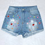 Hot Sale Color Diamond Ripped Tassel Denim Shots SH-390317