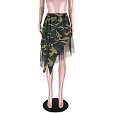 High Waist Camouflage Patchwork Irregular Mesh Skirts ASL-6582