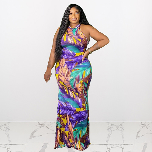 Leaves Print Sleeveless O Neck Plus Size Dress HEJ-22L6124