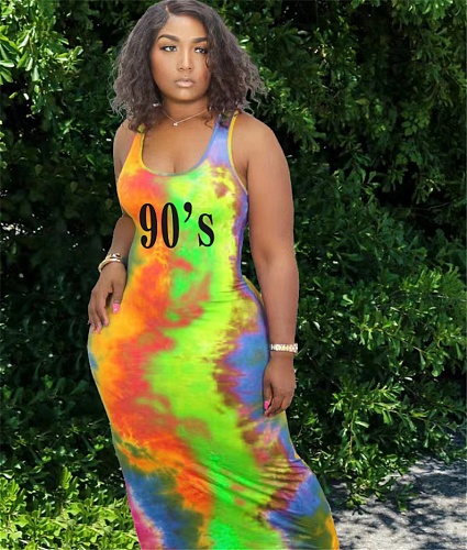 Tie Dye Printed Sleeveless Bodycon Tank Dresses WA-5022233
