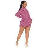 Turn Down Striped Print Shirt Top Shorts 2 Piece Set ASL-6587