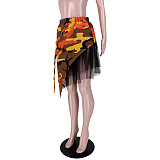 High Waist Camouflage Patchwork Irregular Mesh Skirts ASL-6582
