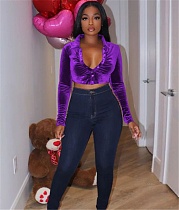 Velvet Long Sleeve Turn-down Collar Shirts Crop Tops YF-10184