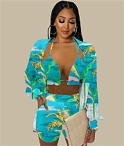 Beach Style Blouse Cardigan with Shorts 3 Piece Set WSY-5939