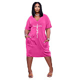 Casual Short Sleeve V Neck with Pockets Midi Dress HANI-017