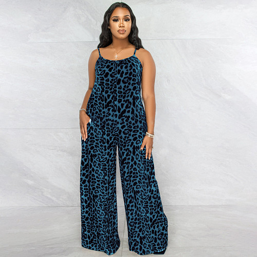 Leopard Spaghetti Strap Loose Plus Size Jumpsuits OSS-22405