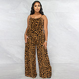 Leopard Spaghetti Strap Loose Plus Size Jumpsuits OSS-22405