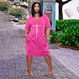 Casual Short Sleeve V Neck with Pockets Midi Dress HANI-017