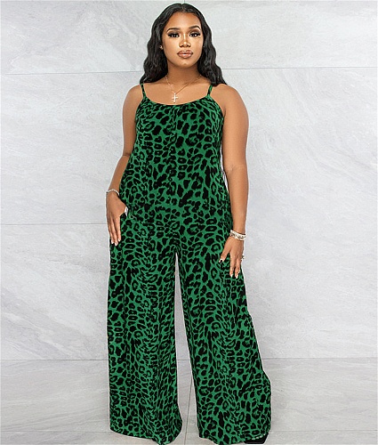 Leopard Spaghetti Strap Loose Plus Size Jumpsuits OSS-22405