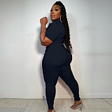 Zipper Short Sleeve Skinny Turn Down Collar Jumpsuits YNS-1831
