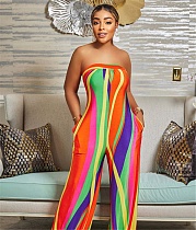 Elegant Striped Strapless Backless Wide Leg Jumpsuit TE-4454