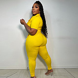 Zipper Short Sleeve Skinny Turn Down Collar Jumpsuits YNS-1831