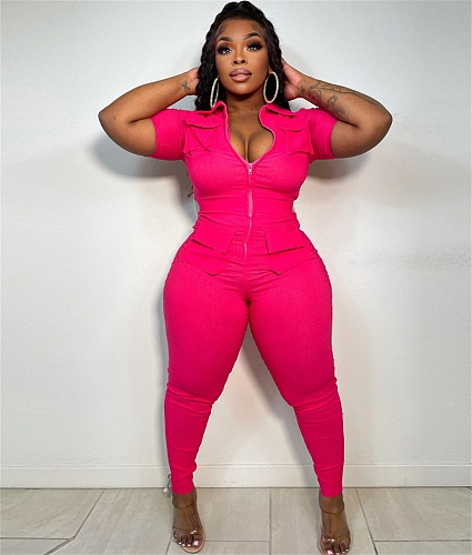 Zipper Short Sleeve Skinny Turn Down Collar Jumpsuits YNS-1831