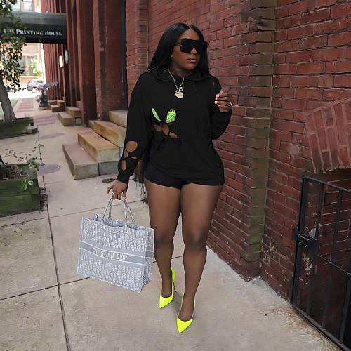 Loose Cut Hole Long Sleeve Hoodie Sweatshirt JINGJ-6079