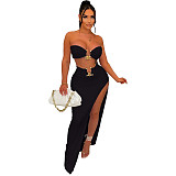 Metal Ring Strapless Crop Top High Split Maxi Skirt Suit YS-820