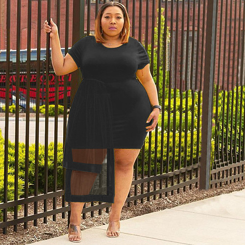 Mesh Patchwork Short Sleeve O Neck Casual Dress JLY-19398