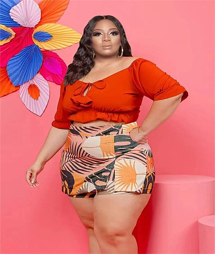 Off Shoulder Crop Top Tropical Print Skirt Plus Size Sets PINH-13291