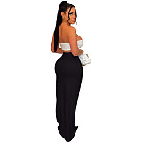 Metal Ring Strapless Crop Top High Split Maxi Skirt Suit YS-820