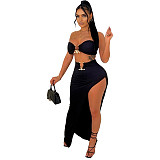 Metal Ring Strapless Crop Top High Split Maxi Skirt Suit YS-820
