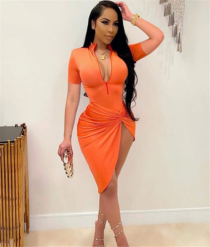 Short Sleeve Zipper Front Ruched Split Midi Dresses OM-1355