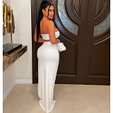 Metal Ring Strapless Crop Top High Split Maxi Skirt Suit YS-820