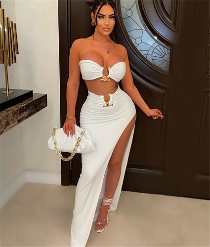 Metal Ring Strapless Crop Top High Split Maxi Skirt Suit YS-820