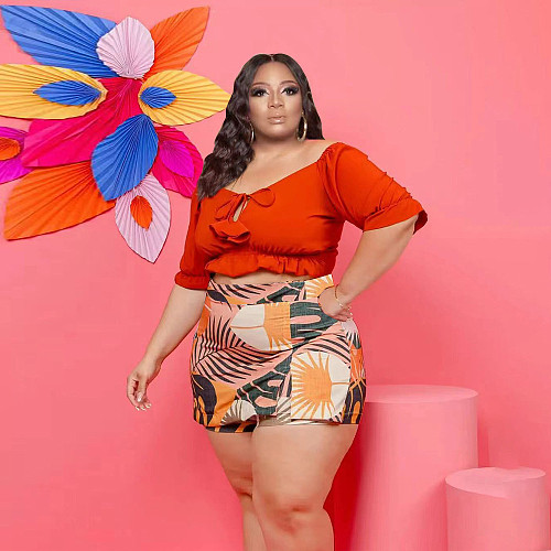 Off Shoulder Crop Top Tropical Print Skirt Plus Size Sets PINH-13291
