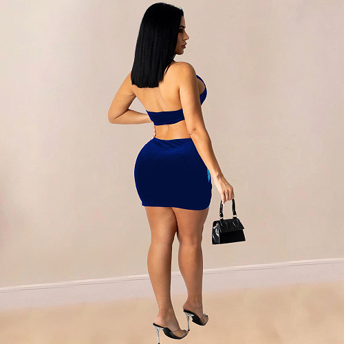 Sexy Halter Backless Crop Tops Velvet Mesh Skirts Set OY-6368
