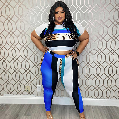 Plus Size Short Sleeve Crop Tops Pants Two Piece Set JLY-19401