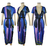 Tie Dye Print Deep V-neck with Sashes Maxi Dress TE-4453