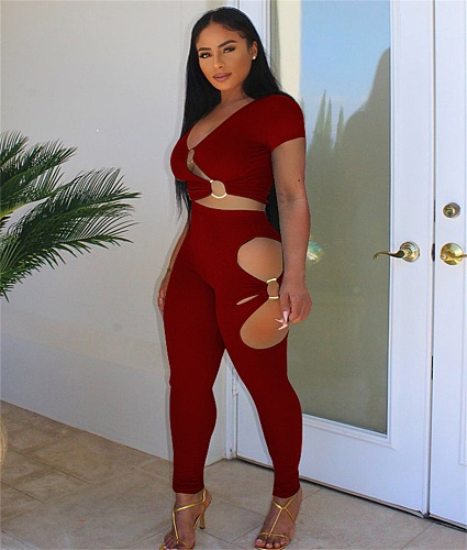 Hollow Out Short Sleeve Crop Top Pants Outfits YF-10064