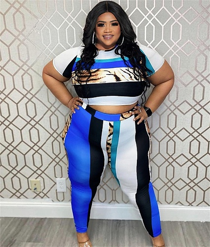 Plus Size Short Sleeve Crop Tops Pants Two Piece Set JLY-19401