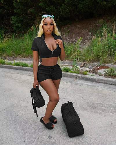 Zipper Short Sleeve Hooded Crop Top Shorts 2 Piece Set TK-6249