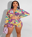 Long Sleeve Shirt Lace Up Crop Top Shorts 2 Piece Sets XMY-9369