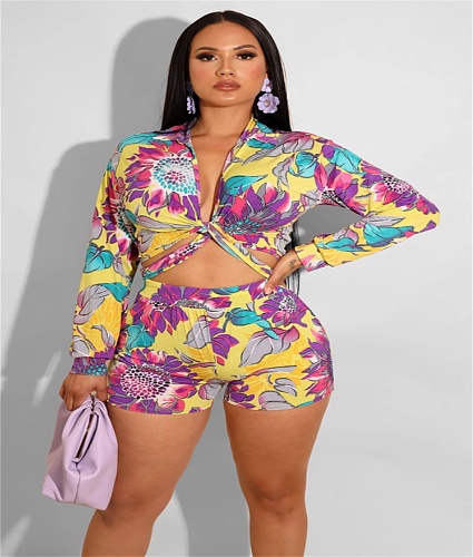 Long Sleeve Shirt Lace Up Crop Top Shorts 2 Piece Sets XMY-9369