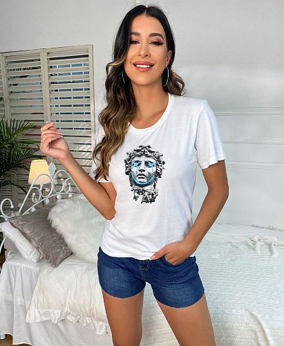 Print Short Sleeve O Neck Spandex T-shirt FNN-8676