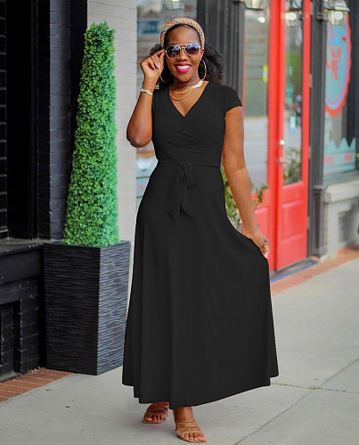 Short Sleeve V Neck High Waist Lace Up Maxi Dresses WA-77467